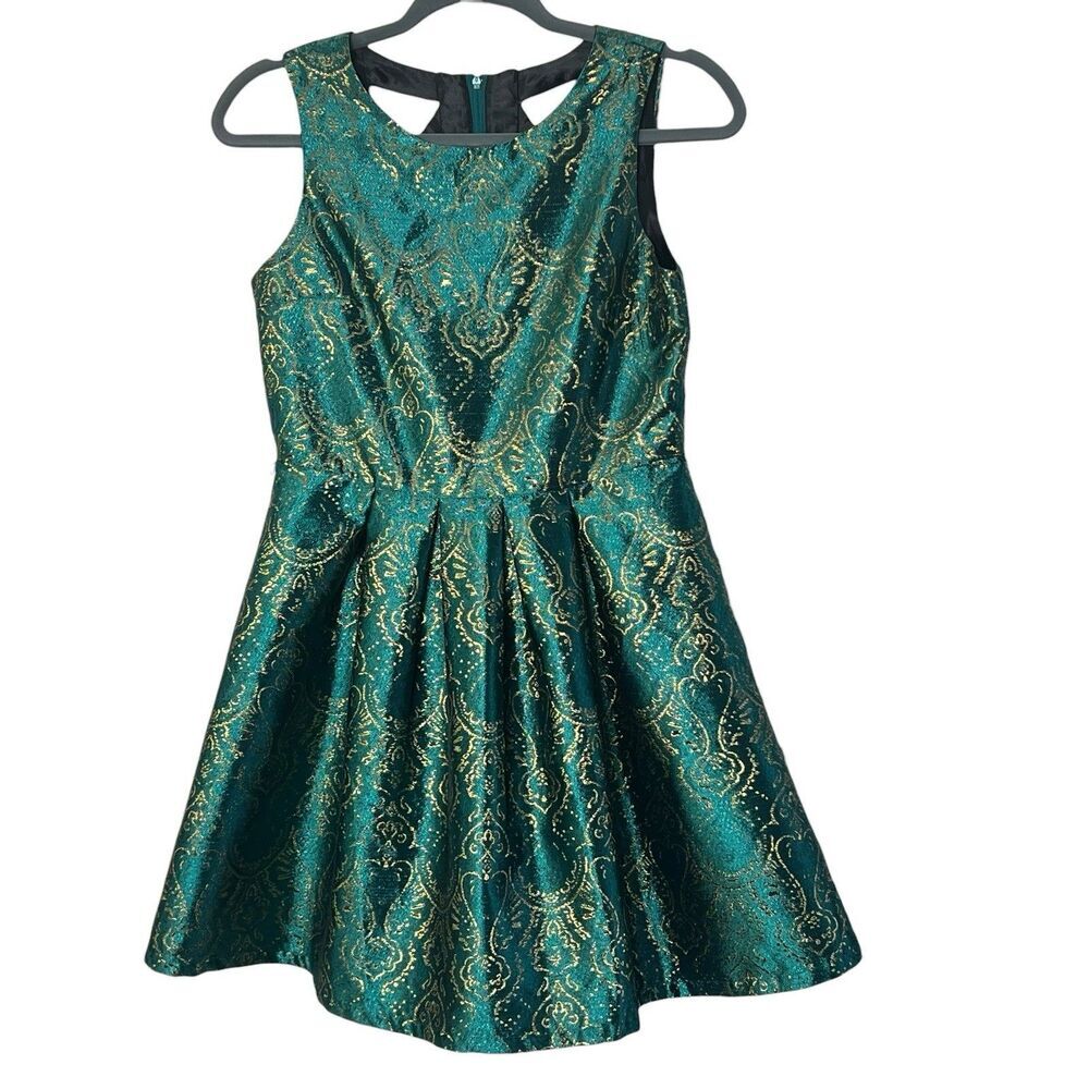 The Children’s Place Girls Dress Size 14 Teal Green Gold Brocade Party Holiday